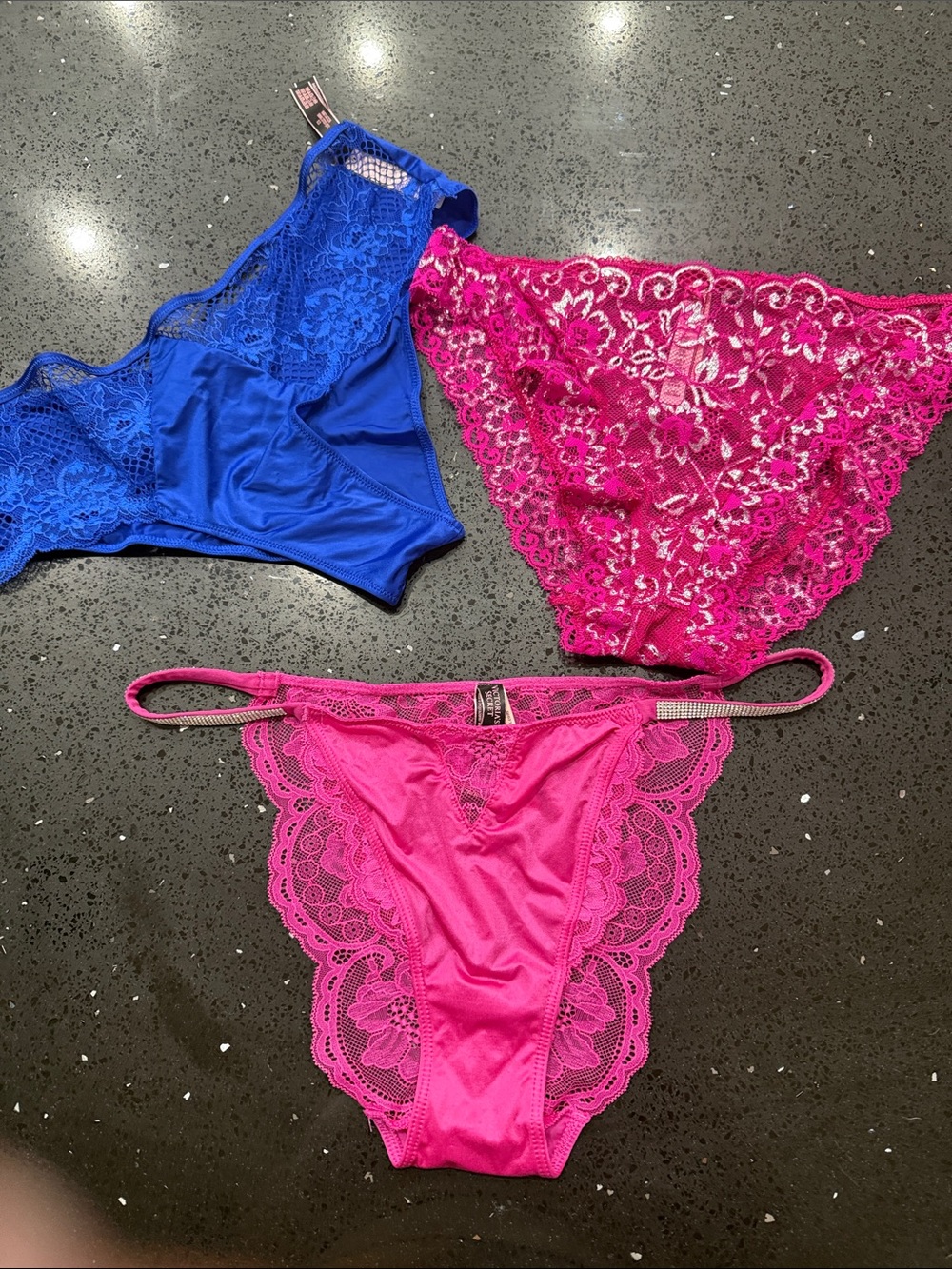 Victoria's Secret Lace Bikini & Thong Trio - Royal Blue and Hot Pink